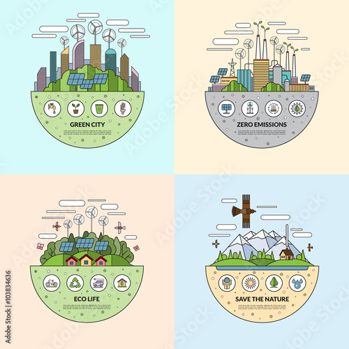 Set of thin line flat ecology concept illustrations 