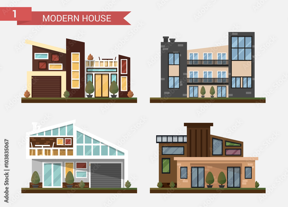 Vector flat illustration traditional and modern house. Family home. Office building. Private pavement, backyard with garage. Office architecture with beautiful plants and bushes. Vector flat illustration traditional and modern house. Family home. Office building. Private pavement, backyard with garage. Office architecture with beautiful plants and bushes.