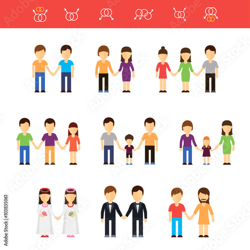 Vector flat illustration of same-sex couples male or female. Transgender partner, transgressive phenotype. Conception of freedom nontraditional homosexual lesbians partners and gays couples