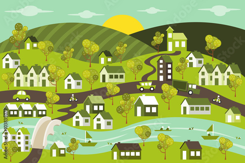 Green city with houses, cars, trees and river
