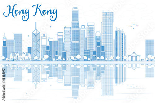 Outline Hong Kong skyline with blue buildings.