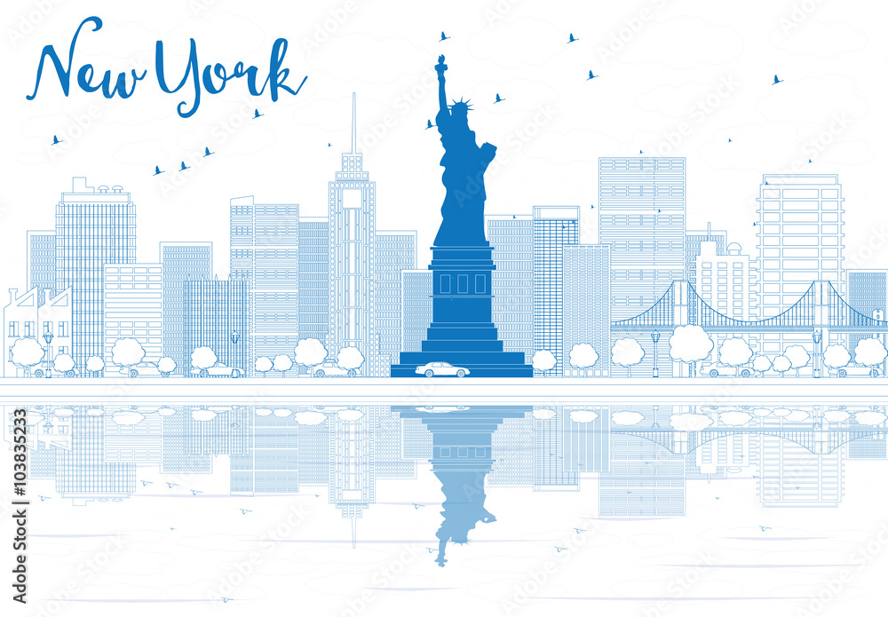 Fototapeta premium Outline New York city skyline with blue buildings.