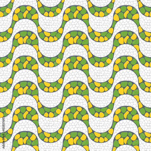 Yellow and green seamless pattern of Copacabana beach sidewalk mosaic, Rio de Janeiro, Brazil.
