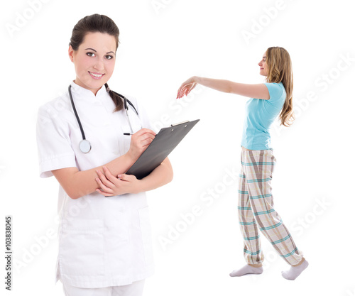 Canvas Print somnambulism - young female doctor with sleepwalking girl isolat