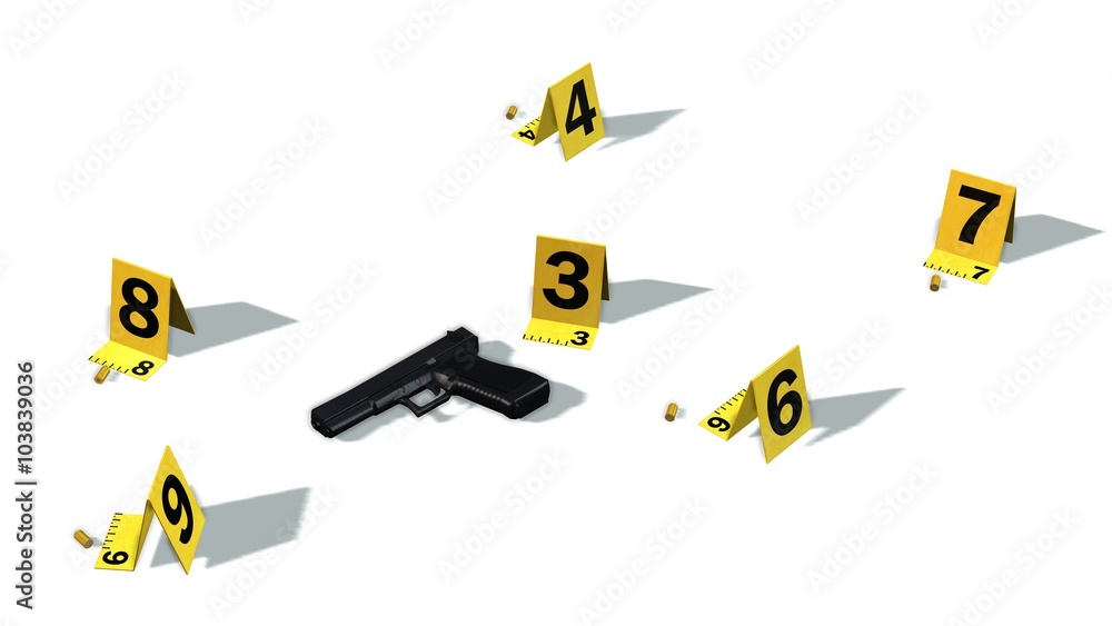crime scene with gun and bullets - isolated on white crime scene with gun and bullets - isolated on white