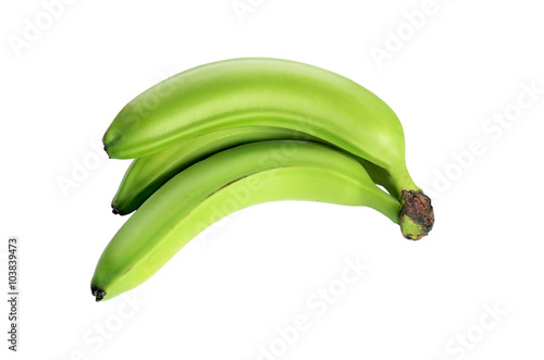 three green bananas isolated on the white background. no shade