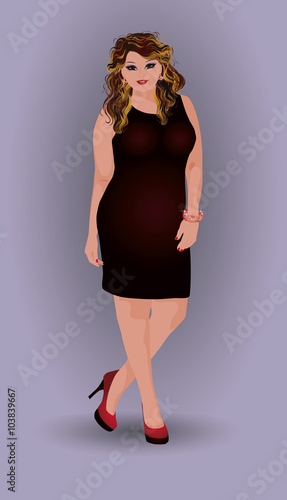 Plus size attractive girl in dress, vector illustration