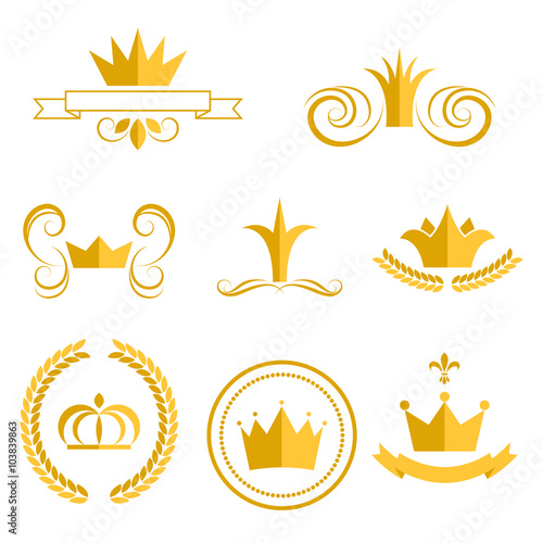 Gold crown logos and badges clip art vector set. King or queen crowns flat style icons.