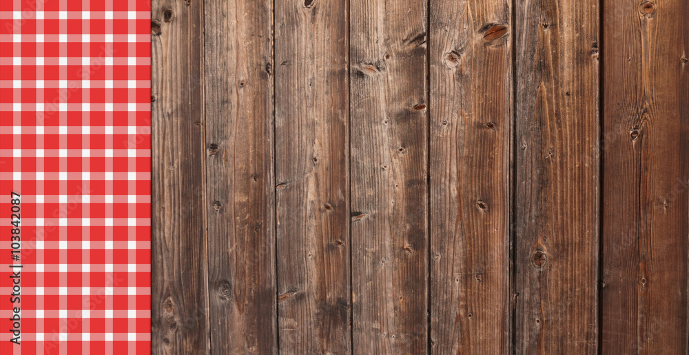 Holz Hintergrund mit Tischdecke rot weiß Holz Hintergrund mit Tischdecke rot weiß