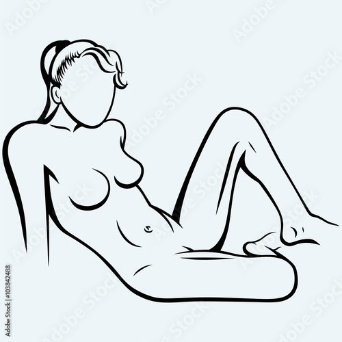 Sexy nude girl posing lying. Isolated on blue background. Vector silhouettes