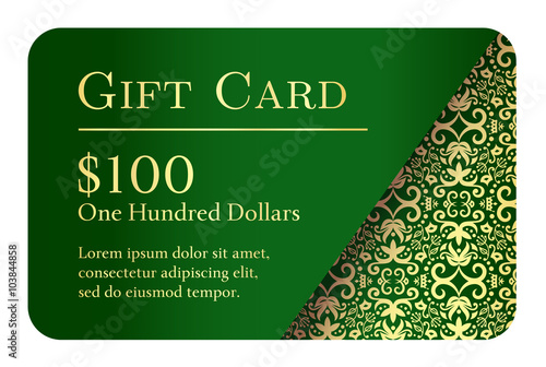 Vintage green gift card with golden lace ornament in right corner