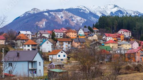 Multicolored houses in small mountain town in Montenegro