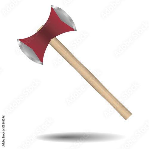 Double-bit Axe. Throwing Axe. Red ax with a wooden handle on a white background