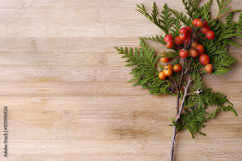 red winter berries with cedar leaf on a wooden background
