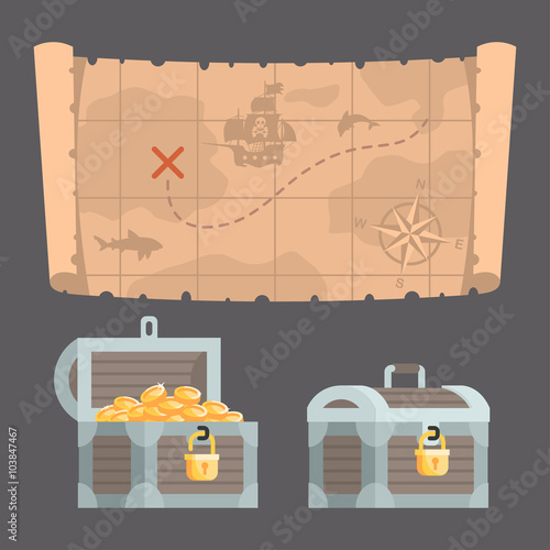 Treasure map and chest with gold