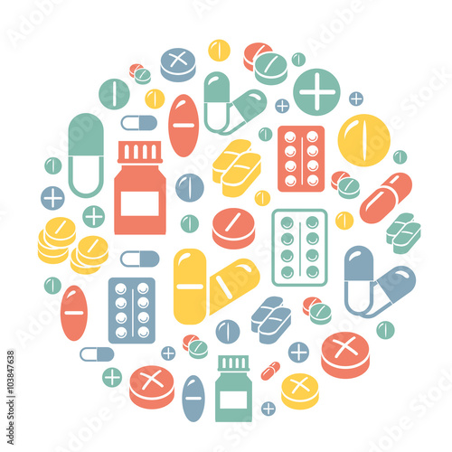 Medical pills icons circle background card. 