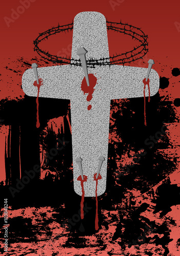 Kreuz mit den fünf Wundmalen und der Dornenkrone. Symbole für die Osterpassion am Karfreitag.