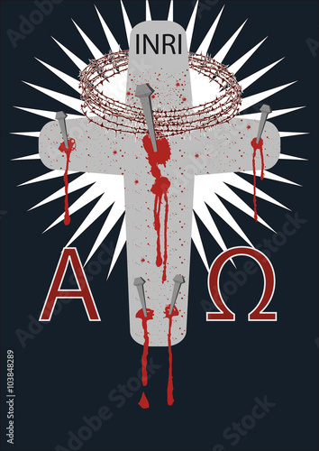 Kreuz mit den fünf Wundmalen und der Dornenkrone. Symbole für die Osterpassion am Karfreitag.