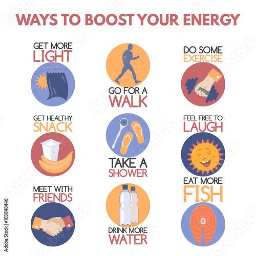 Modern flat style infographic on boosting your energy. 