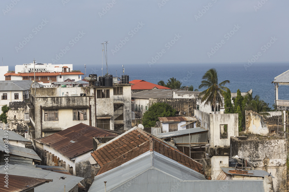 rooftop view over the african city of stonetown zanzibar showing