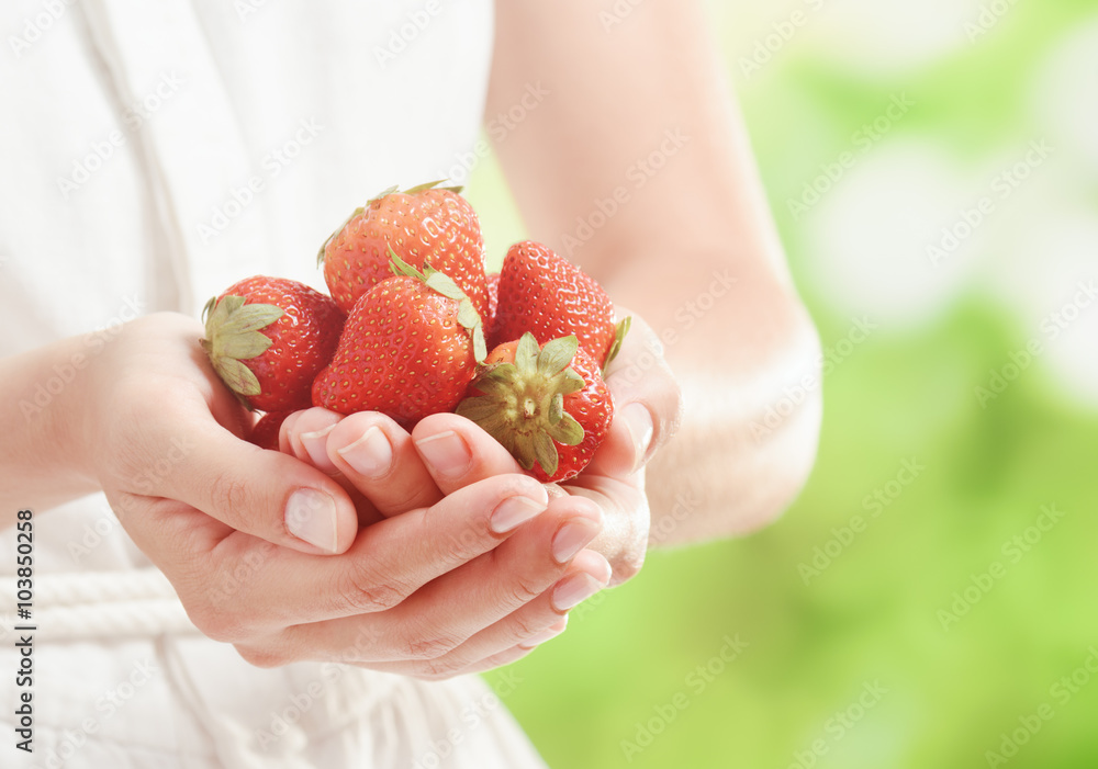 Ripe red juicy strawberries in hands of young woman Ripe red juicy strawberries in hands of young woman