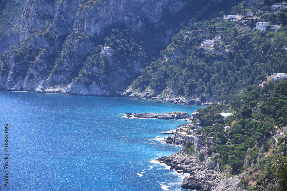 Aerial view to stunning rocky coast of Capri island 