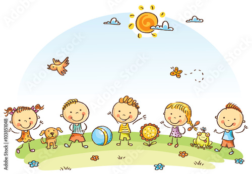 Happy cartoon kids outdoors on a green meadow