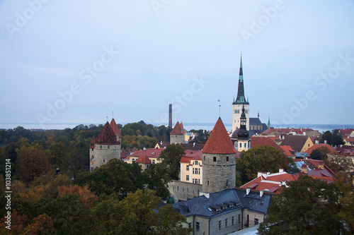 Aerial view to old Tallinn in the fall time 