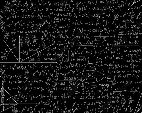 Beautiful vector mathematical seamless pattern with equations, plots and geometrical figures. You can use any color of background