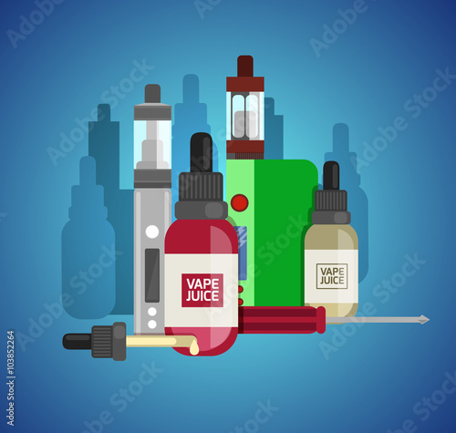 Vape device vector set. Vaping juice for vape. Vape trend new cu