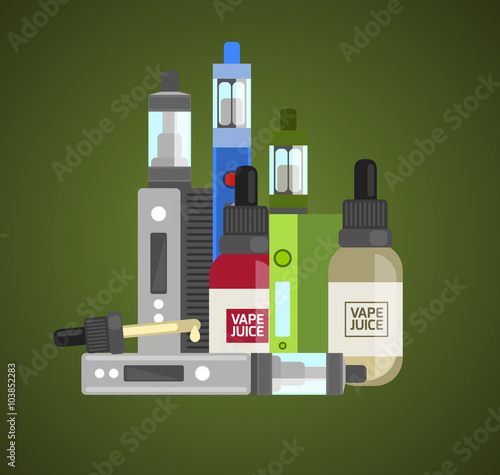 Vape device vector set. Vaping juice for vape. Vape trend new cu