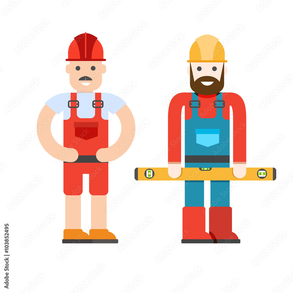 Two workers on white background. ‘onstruction workers with repai Two workers on white background. ‘onstruction workers with repai