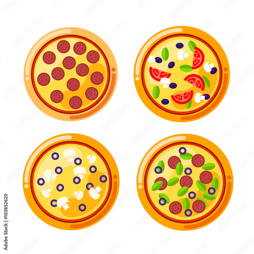 Pizza food circle. Vector set of pizza icons isolated on white b Pizza food circle. Vector set of pizza icons isolated on white b