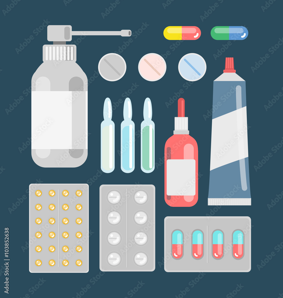 Pills against diseases vector set. Pills in your medicine chest. Pills against diseases vector set. Pills in your medicine chest.