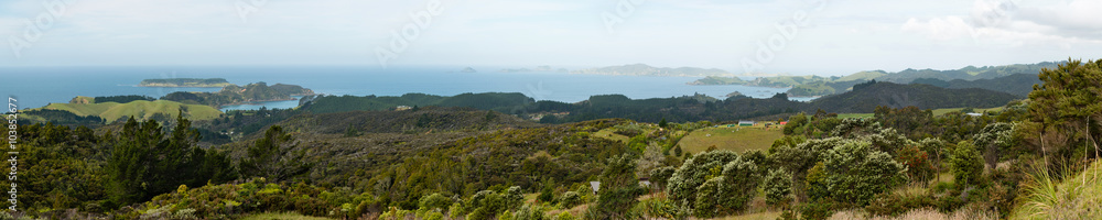 Panorama shore and ocean islands at the east side of Northland, North Island, New Zealand