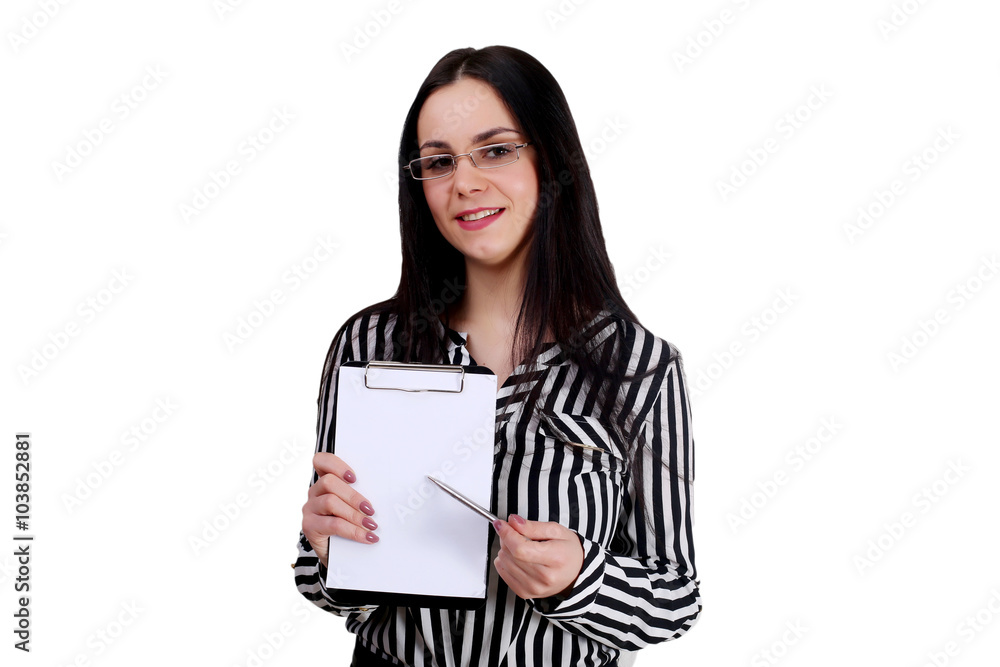 Business woman standing isolated white background shows his hand on a white banner Business woman standing isolated white background shows his hand on a white banner