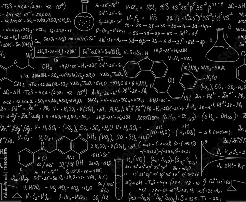 Beautiful chemistry vector seamless pattern with equations, formulas and laboratory equipment