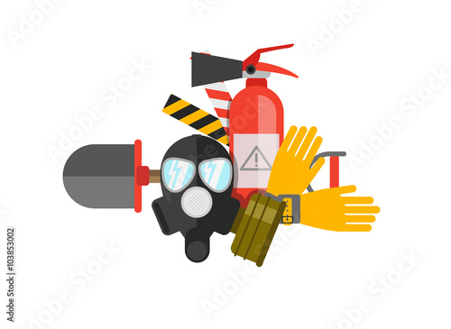 Safety equipment vector set. Fire protection and fire. A gas mas