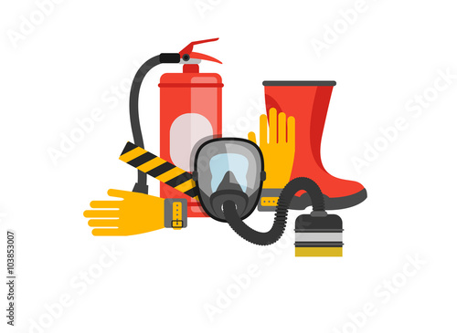 Safety equipment vector set. Fire protection and fire. A gas mas