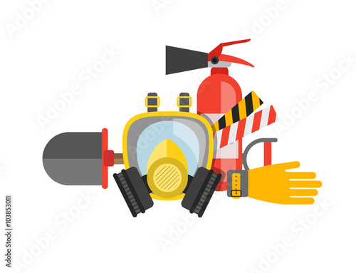 Safety equipment vector set. Fire protection and fire. A gas mas