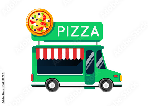Pizza food truck city car. Food truck, auto cafe, mobile kitchen