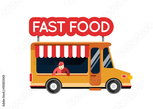 Fast food truck city car. Food hipster truck, auto cafe, mobile