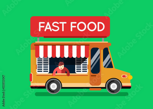 Fast food city car. Food truck, auto cafe, mobile kitchen, hot f