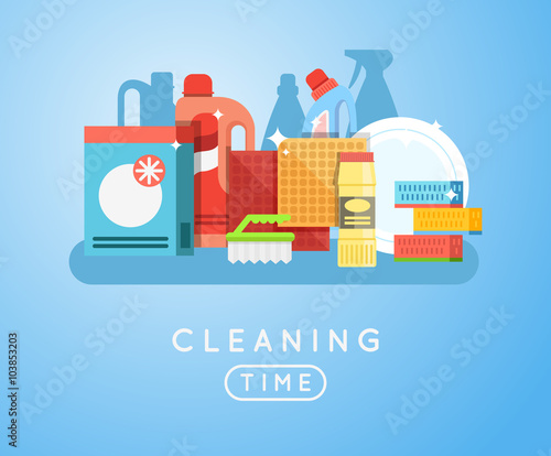 Cleaning tools vector set. Detergents for cleaning home or hotel