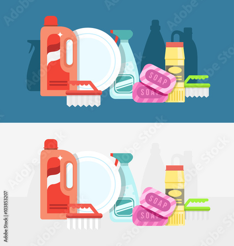 Cleaning tools vector set. Detergents for cleaning home or hotel