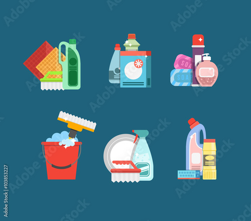 Cleaning tools vector set. Detergents for cleaning home or hotel