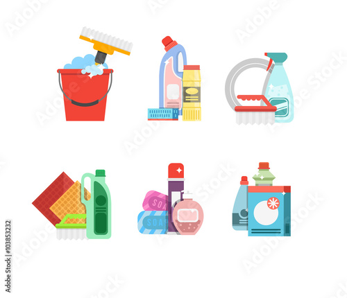 Cleaning tools vector set. Detergents for cleaning home or hotel