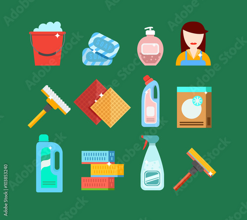 Cleaning tools vector set. Detergents for cleaning home or hotel