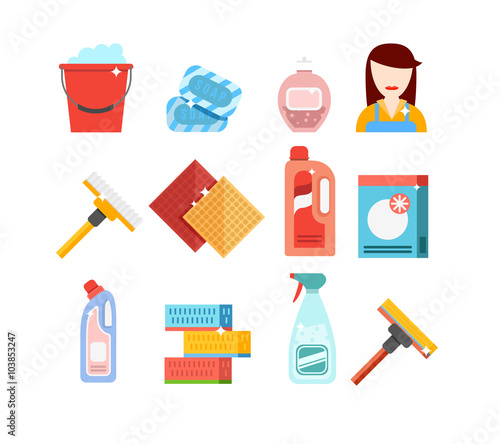 Cleaning tools vector set. Detergents for cleaning home or hotel