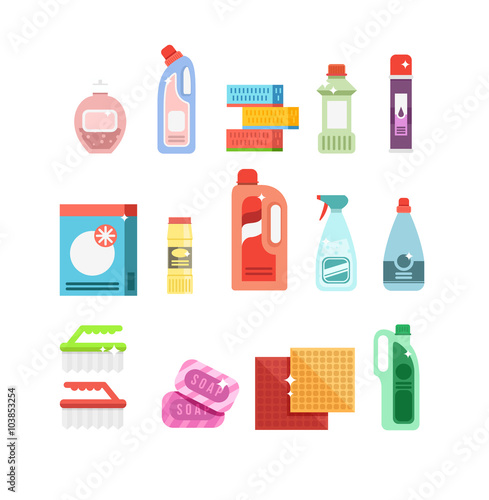 Cleaning tools vector set. Detergents for cleaning home or hotel